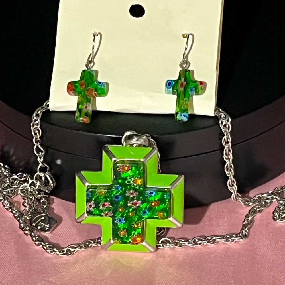 Vibrant Green Millefiori Glass Cross Necklace & Earring Set